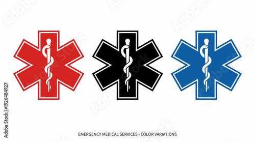 Star of Life Vector Icons – Emergency Medical Services Symbol, Red Black Blue Variations, Healthcare Emblem, Ambulance Identification, Hospital Emergency Graphic, Medical Staff Badge Vector Design