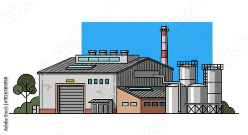 Industrial factory building with smokestack and storage tanks against a blue sky background.