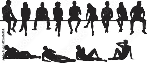 Black silhouettes of men and women sitting and reclining on a bench, isolated set of people figures for architectural visualization, urban lifestyle, and vector design.