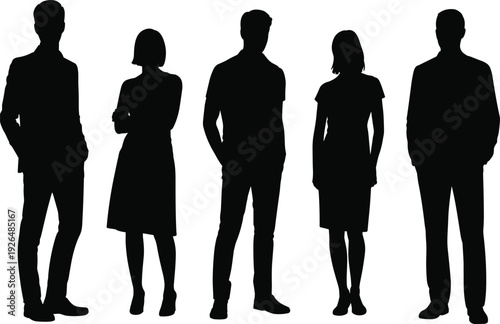 Black silhouettes of diverse business professionals standing together in a row, corporate group of men and women in smart casual attire for teamwork concept.