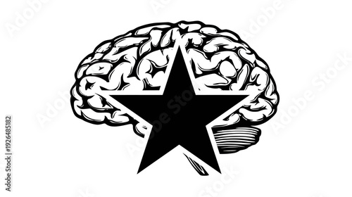 Black and white illustration merging a brain with a star. The brain is on the left and star in the middle