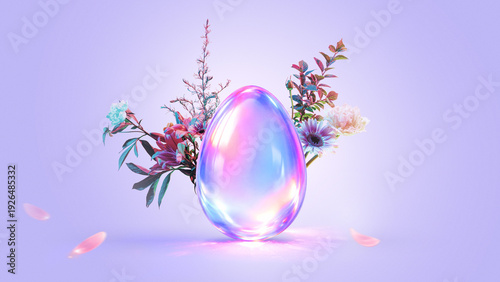 Photography Iridescent artwork holographic Easter egg with spring flowers