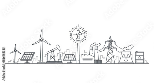 Energy production and renewable sources illustration, showing various power generation methods.