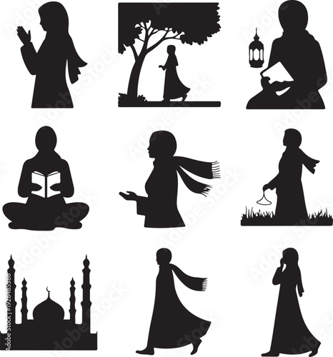 Black silhouettes of people and buildings in various activities  daily life scenes