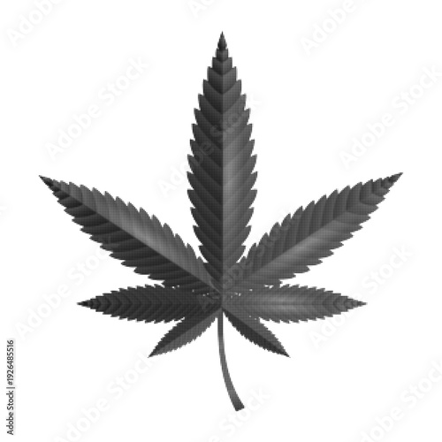 Black and white halftone illustration of cannabis leaf isolated on white background. Retro engraving style botanical symbol of marijuana and hemp culture.