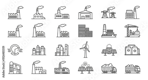 Collection of industrial buildings and factories in a sketch style.