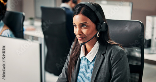Fotografie Computer, business and happy woman in call center for help desk, banking support or coworking