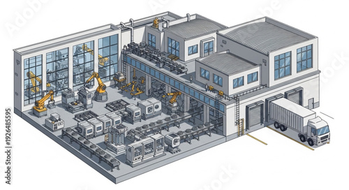 Industrial factory building with machinery and a delivery truck, manufacturing process.