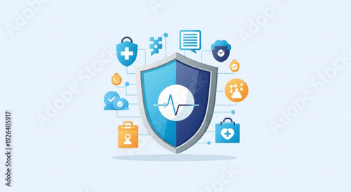 Healthcare security shield with medical icons and symbols for protection and safety