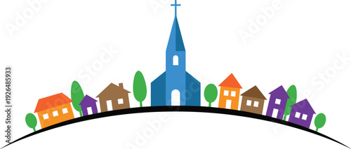 Colorful village skyline with church and houses on curved hill isolated on white background, modern flat vector illustration