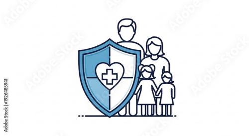 Family protected by health insurance shield with medical cross symbol