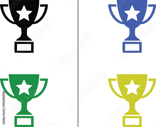 trophy cup icon isolated on white background, vector illustration of award with star for success, victory, and achievement in colorful flat solid styles.