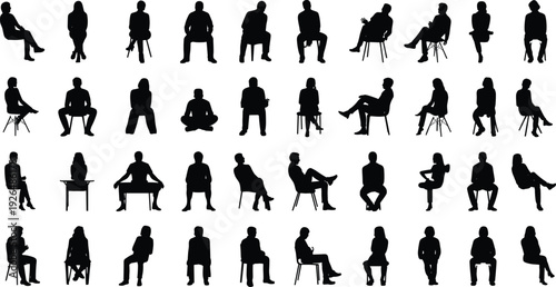 People sitting silhouette vector, seated posture illustration, human chair icon, ergonomic design element, diverse sitting position art collection set