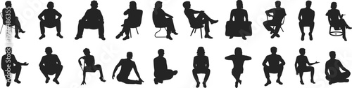 People sitting silhouette vector, seated posture illustration, human chair icon, ergonomic design element, diverse sitting position art collection set