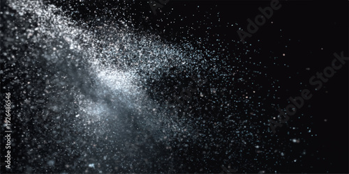 Abstract water drops glow like stars in a dark night sky, creating a blue galaxy texture of rain and cosmic dust on a cold black background