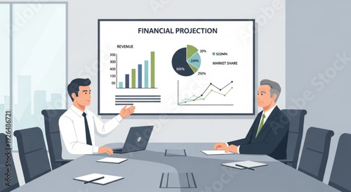 Businessmen discussing financial projections in a meeting room with graphs on screen