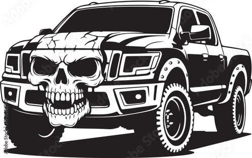 blackandwhite illustration of a pickup truck with a skull on the front grille
