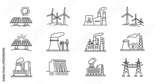 Collection of various energy sources and power generation facilities in sketch style.