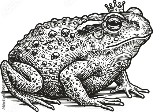 Detailed vintage engraving of a crowned frog sitting on the ground with textured skin and ornate crown