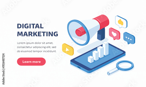 Dynamic isometric illustration representing comprehensive digital marketing strategies, online advertising, and business analytics for modern promotion