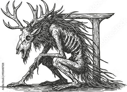 Dark forest creature with deer skull and antlers, skeletal monster sitting under wooden beam in horror