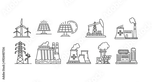 Various energy production facilities and power plants in a line illustration.