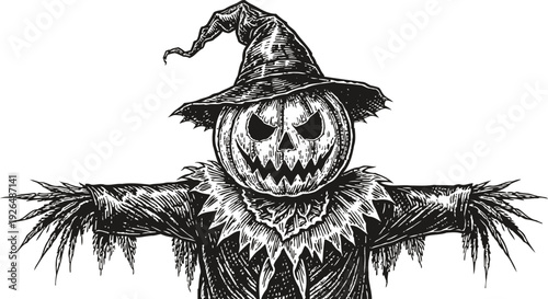Hand drawn spooky scarecrow with jack o' lantern head wearing a witch hat and ragged clothing