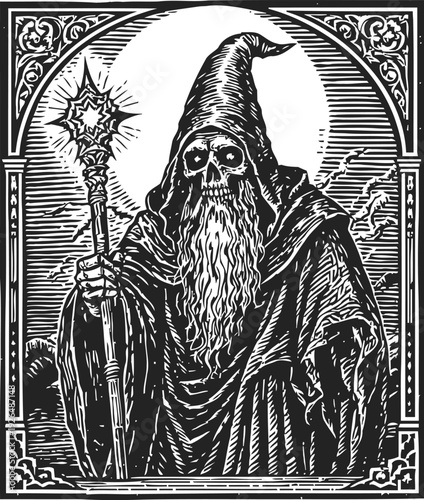 Wizard skeleton with long beard and pointed hat holding a magical staff under full moon night