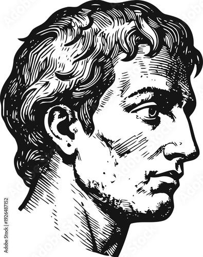 classical male profile portrait in vintage engraving with detailed facial features and textured hair