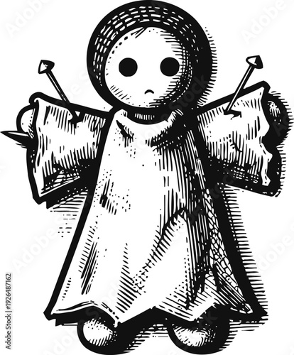 Voodoo doll with pins stuck in faded arms, cute sad expression, black and white sketch drawing