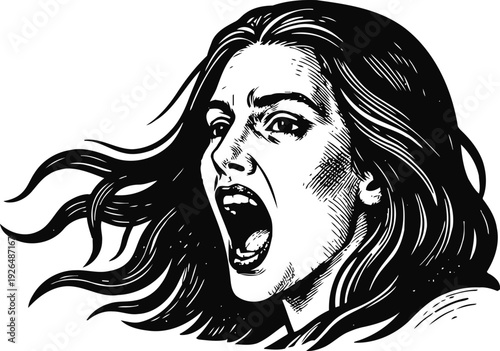 Frightened woman screaming with flowing hair, emotional black and white portrait illustration