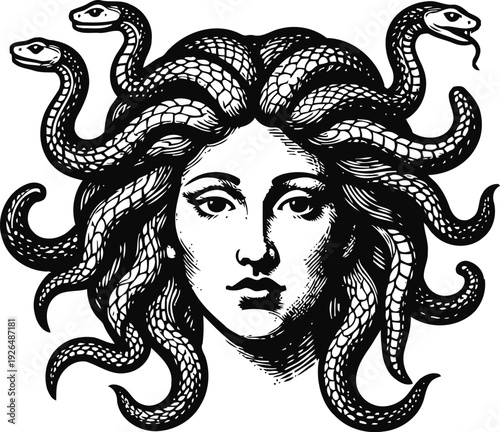 Medusa head illustration with snake hair mythological creature, ancient greek legend symbolizing danger and protection