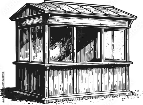 Vintage wooden kiosk booth with glass windows and slanted roof, hand drawn illustration