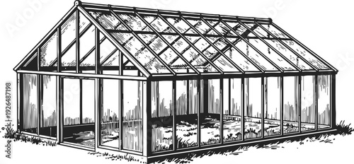 Detailed black and white illustration of a greenhouse structure with glass panels and metal frame