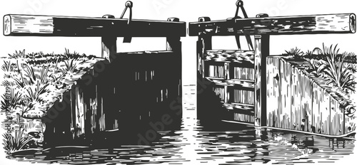 old wooden canal lock gates with water flowing through in vintage engraving