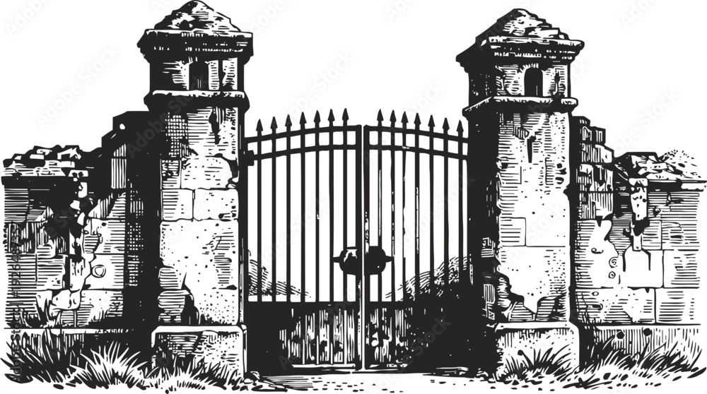 Obraz premium old wrought iron gate between rustic stone pillars with overgrown grass and ruins
