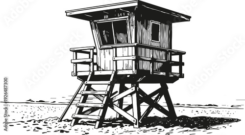 Lifeguard tower illustration on beach wooden lookout cabin, safety observation post, coast monitoring station