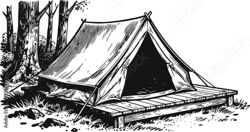 Vintage camping tent on wooden platform in forest outdoor adventure and wilderness shelter drawing