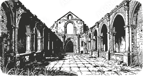 Ancient stone ruins with arches and cobbled courtyard in monochrome vintage drawing