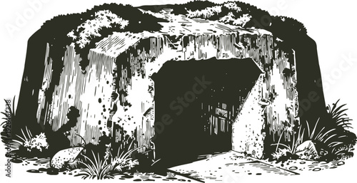 Ancient stone cave entrance with rough rocks and vegetation in black and white vintage