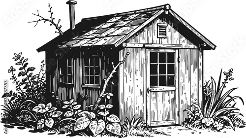 Rustic wooden garden shed surrounded by plants and foliage, vintage countryside cabin illustration