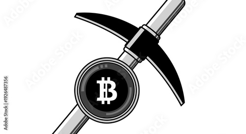 Bitcoin Mining Concept Illustration with Pickaxe and Cryptocurrency Coin.