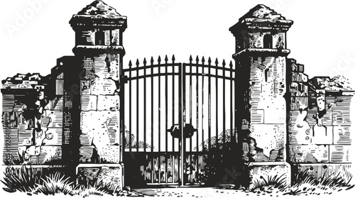 old wrought iron gate between rustic stone pillars with overgrown grass and ruins