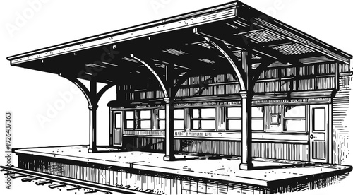 Vintage train station platform with shelter and supporting iron columns in detailed black and white line art