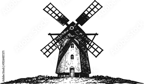 Vintage black and white windmill illustration traditional rustic farm structure with large blades and stone base
