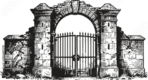 Old stone archway with wrought iron gate, vintage rustic entrance surrounded by weathered masonry and overgrown grass