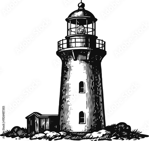 Classic lighthouse tower illustration with light beacon on coastal rocks and small building