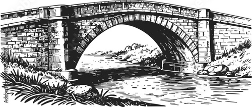 Stone arch bridge over calm river with natural landscape and vegetation