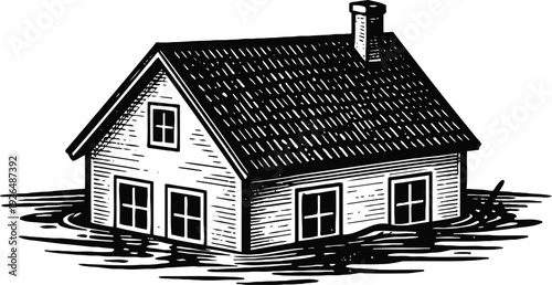 Woodcut illustration of a house submerged in floodwater with visible roof and windows