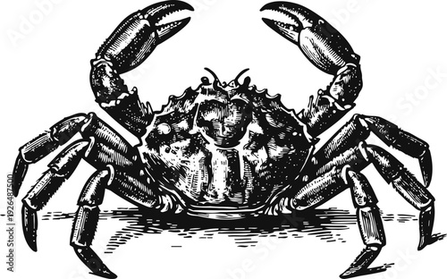 Detailed vintage crab illustration, sea creature with claws and legs in black and white engraving